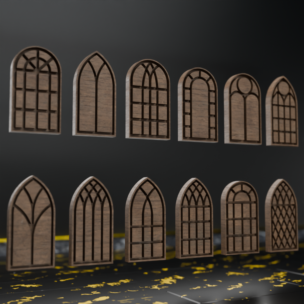 🟠12x Gothic Windows Set Silhouette Of Vintage Stained Glass Church Frames for 3.75" (1:18) Figure Dioramas